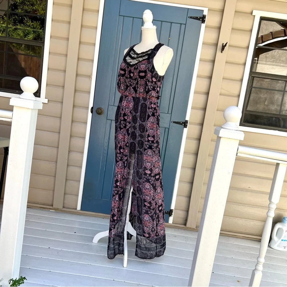 Free People Black and Pink Boho Lace-Trim Maxi Dress Women Size 4